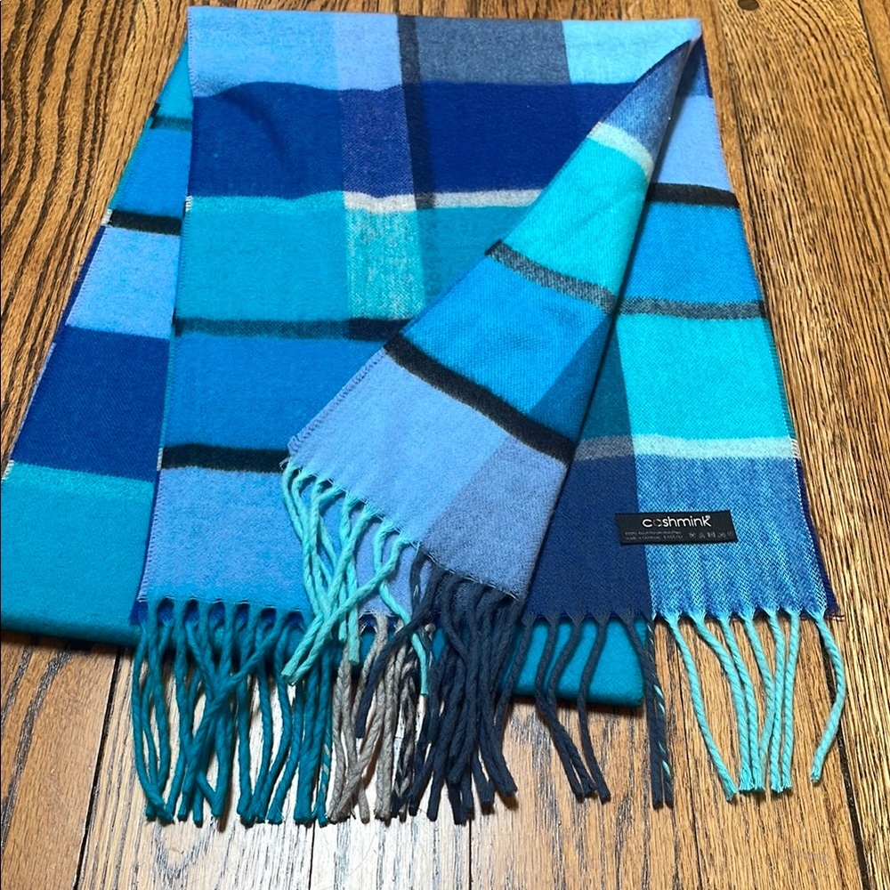 Cashmink very soft blue/black/purple scarf w fringe approx 10.5 x 63 in